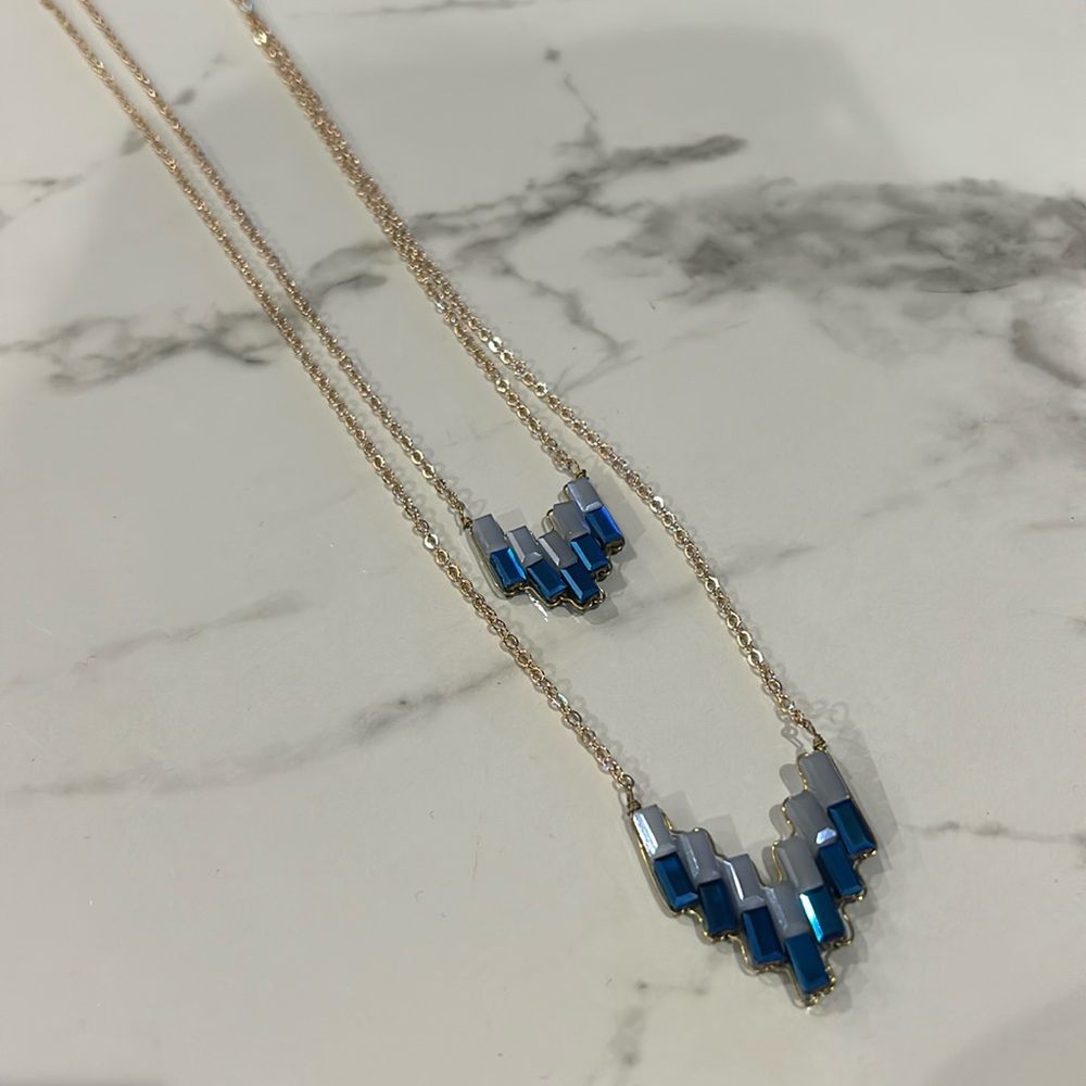 Double Layered Blue Beaded Chevron Necklace-Boutique